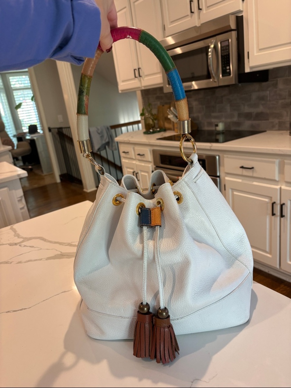 Nora Lozza First Class White Leather Drawstring Hobo with Multicolor handle